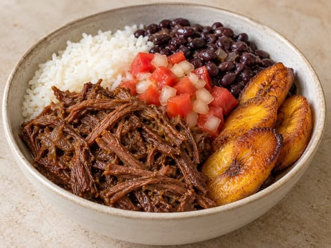 Pabellón Criollo Bowl (Venezolaans draadjesvlees met rijst, bonen en bakbanaan) Pabellón Criollo Bowl (Venezolaans draadjesvlees met rijst, bonen en bakbanaan)
