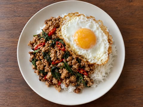Pad Krapow (thailandsk basilikum-wok med svinekød og spejlæg)