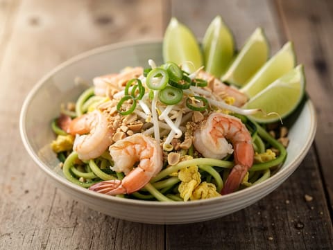 Zucchini-Nudel-Bowl nach Pad-Thai-Art mit Garnelen