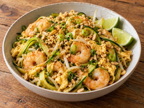 Zucchini-Nudel-Bowl nach Pad-Thai-Art mit Garnelen Zucchini-Nudel-Bowl nach Pad-Thai-Art mit Garnelen
