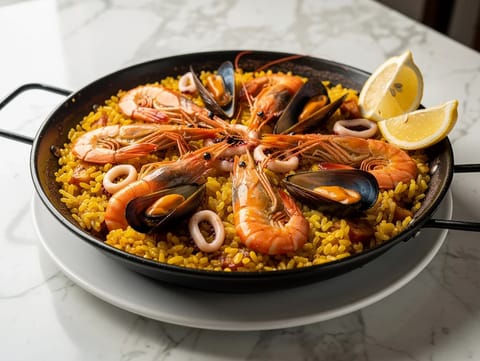 Paella de Marisco (spansk skaldjurspaella med räkor, musslor och bläckfisk)