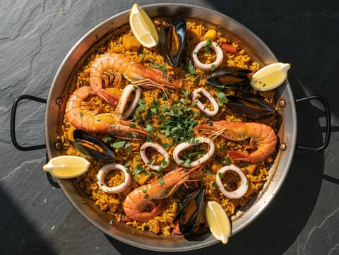 Paella de Mariscos (tenger gyümölcsei paella garnélával, kagylóval és tintahallal) Paella de Mariscos (tenger gyümölcsei paella garnélával, kagylóval és tintahallal)