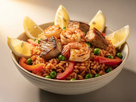Modern paella jellegű gabonatál csirkével és garnélával Modern paella jellegű gabonatál csirkével és garnélával