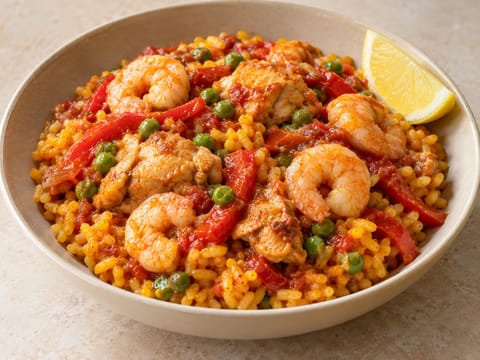 Bol de céréales façon paella moderne au poulet et aux crevettes Bol de céréales façon paella moderne au poulet et aux crevettes