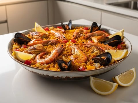 Paella Mixta (blandet paella med kylling, rejer og muslinger)