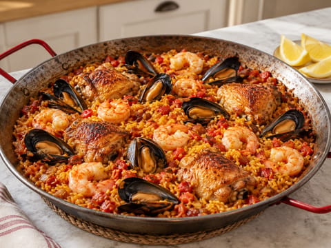 Paella Mixta (blandad paella med kyckling, räkor och musslor) Paella Mixta (blandad paella med kyckling, räkor och musslor)