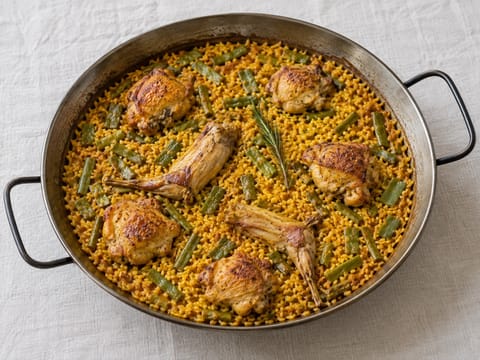 Paella Valenciana (arroz español con azafrán, pollo y conejo)