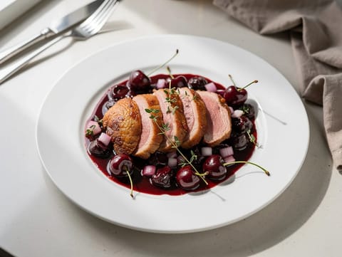 In der Pfanne gebratene Entenbrust mit Kirsch-Bourbon-Soße In der Pfanne gebratene Entenbrust mit Kirsch-Bourbon-Soße