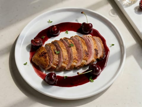 In de pan gebakken eendenborst met kersensaus