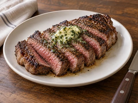 Bife New York Strip selado na frigideira com manteiga de ervas