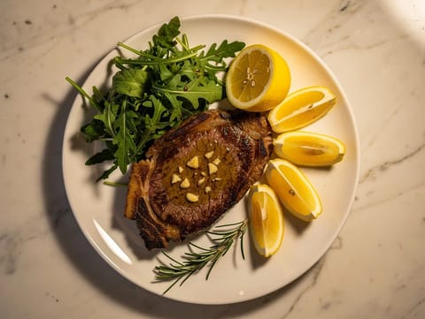 Pannulla paistettu ribeye-pihvi valkosipulivoilla Pannulla paistettu ribeye-pihvi valkosipulivoilla