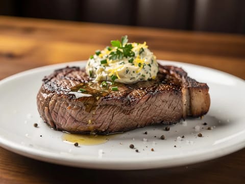 Ribeye steak stegt på pande med hvidløgs-urtebutter Ribeye steak stegt på pande med hvidløgs-urtebutter