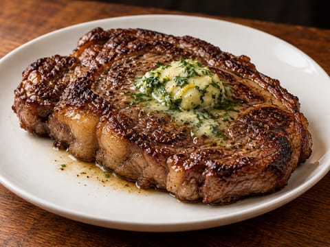 Entrecôte saisie à la poêle, beurre aux herbes et à l’ail Entrecôte saisie à la poêle, beurre aux herbes et à l’ail