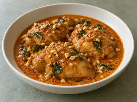 Curry panang au poulet, feuilles de combava et cacahuètes