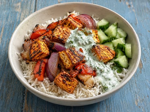 Paneer Tikka Bowl (Paneer μαριναρισμένο σε γιαούρτι με ρύζι και γιαούρτι με δυόσμο) Paneer Tikka Bowl (Paneer μαριναρισμένο σε γιαούρτι με ρύζι και γιαούρτι με δυόσμο)