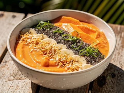 Smoothie bowl s papájou, limetou a kokosem Smoothie bowl s papájou, limetou a kokosem