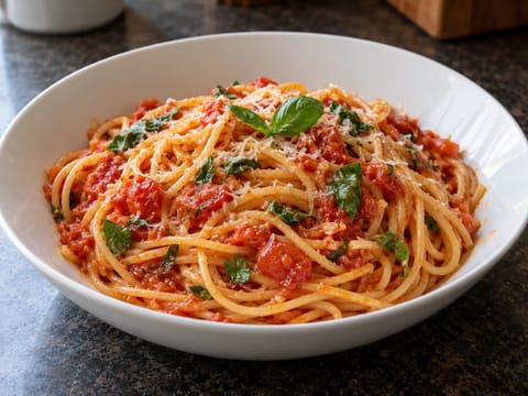 Pasta al Pomodoro Fresco e Basilico (pasta con tomate fresco y albahaca) Pasta al Pomodoro Fresco e Basilico (pasta con tomate fresco y albahaca)