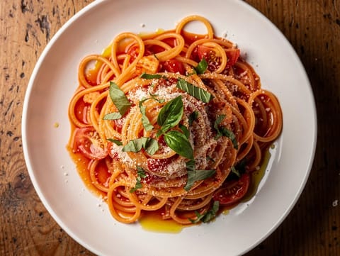 Pasta al Pomodoro Fresco (Taze domates ve fesleğenli spagetti) Pasta al Pomodoro Fresco (Taze domates ve fesleğenli spagetti)