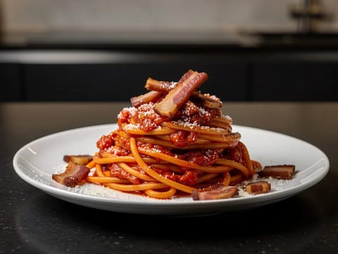 Pasta all’Amatriciana (spaghetti z guanciale i pomidorami) Pasta all’Amatriciana (spaghetti z guanciale i pomidorami)