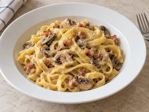Pasta alla Boscaiola (paste cremoase cu ciuperci și pancetta) Pasta alla Boscaiola (paste cremoase cu ciuperci și pancetta)