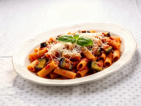 Pasta alla Norma (siciliansk pasta med aubergine, tomat og ricotta) Pasta alla Norma (siciliansk pasta med aubergine, tomat og ricotta)