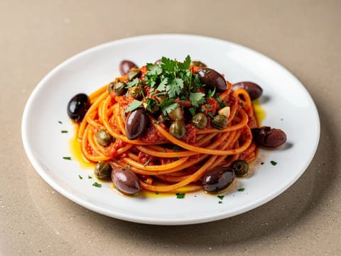 Pasta alla Puttanesca (Domatesli, Ançüezli ve Zeytinli Spagetti)