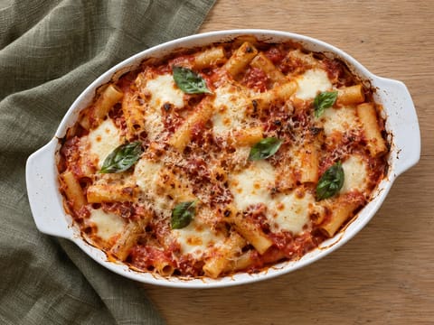 Pasta alla Sorrentina (massa gratinada com tomate, mozzarella e manjericão)