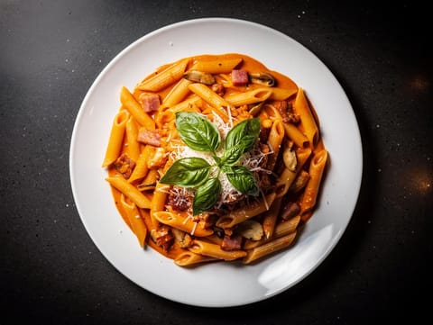 Pasta alla Vodka (sos de roşii, vodcă şi smântână cu pancetta)