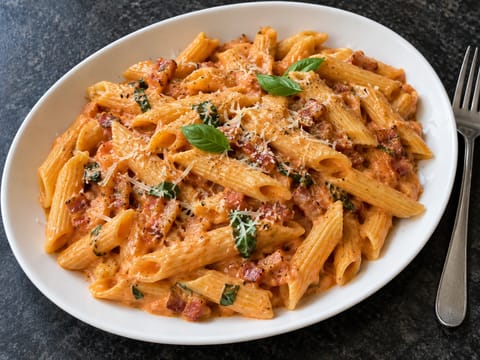 Pasta alla Vodka (salsa di pomodoro, vodka e panna con pancetta) Pasta alla Vodka (salsa di pomodoro, vodka e panna con pancetta)