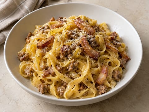 Pasta alla Zozzona (Romeinse pasta met guanciale, worst en ei) Pasta alla Zozzona (Romeinse pasta met guanciale, worst en ei)