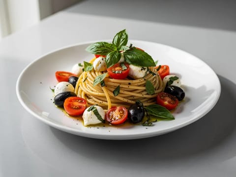 Pasta Bowl Mediterranea com tomates, azeitonas e mozzarella