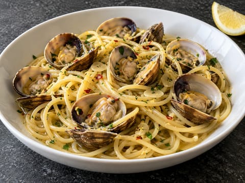 Pasta con vongole in bianco (spaghetti med hjertemuslinger i hvidvin) Pasta con vongole in bianco (spaghetti med hjertemuslinger i hvidvin)