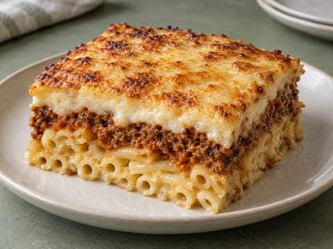Perinteinen pastitsio (kreikkalainen uunipasta lihalla ja béchamelkastikkeella)