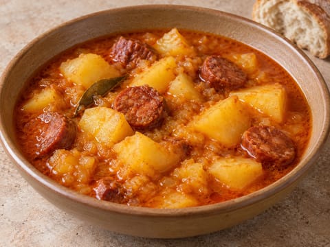 Patatas a la Riojana (guisado de batata com chouriço e pimentão) Patatas a la Riojana (guisado de batata com chouriço e pimentão)