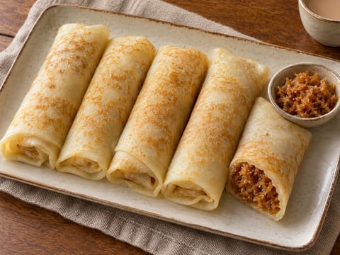 Patishapta (bengálské rýžové palačinky s kokosovo-jaggery náplní) Patishapta (bengálské rýžové palačinky s kokosovo-jaggery náplní)