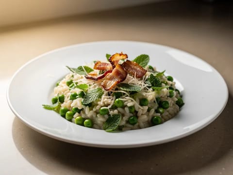 Risotto cu mazăre și mentă, cu pancetta crocantă