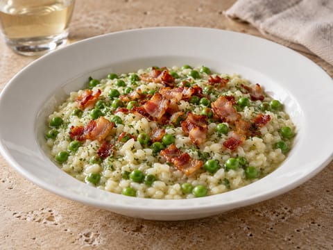 Risotto aux petits pois et à la menthe, pancetta croustillante Risotto aux petits pois et à la menthe, pancetta croustillante