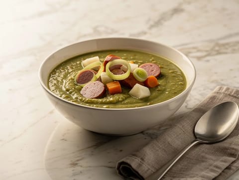 Leichte niederländische Erbsensuppe mit Räucherwurst (Erwtensoep-Art)