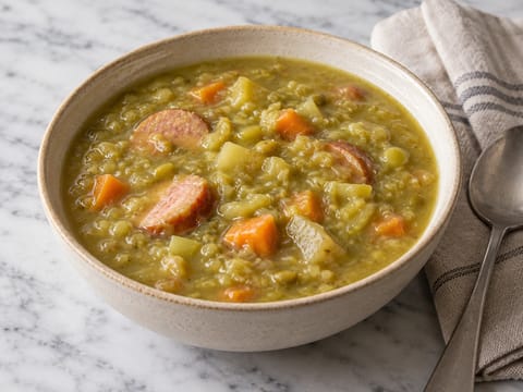 Sopa ligera holandesa de guisantes con salchicha ahumada (estilo erwtensoep) Sopa ligera holandesa de guisantes con salchicha ahumada (estilo erwtensoep)