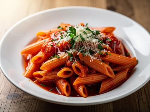 Penne all’Arrabbiata (csípős paradicsomos-fokhagymás tészta)