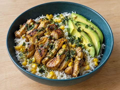Peruvian-Style Aji Chicken Bowl with Rice and Avocado