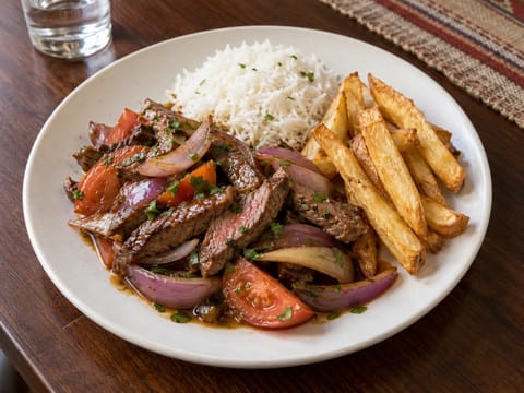 Lomo Saltado (stir-fry peruvian de vită cu cartofi prăjiți)