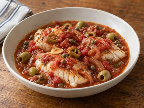 Pescado a la Veracruzana (pescado en salsa de tomate con aceitunas y alcaparras) Pescado a la Veracruzana (pescado en salsa de tomate con aceitunas y alcaparras)