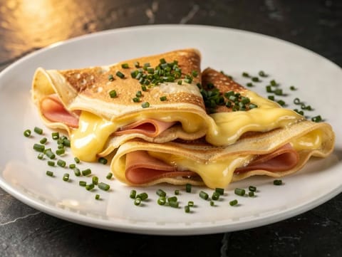 Pfannkuchen mit Schinken und Käse (crêpe tedesche salate con prosciutto e formaggio) Pfannkuchen mit Schinken und Käse (crêpe tedesche salate con prosciutto e formaggio)