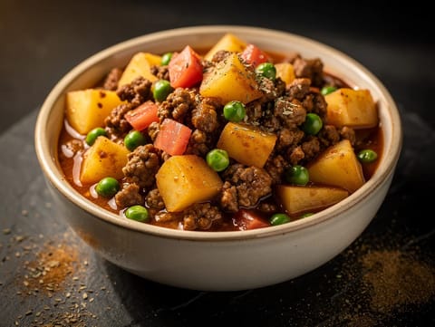Picadillo Mexicano (Krydret kjøttdeig av storfe med poteter og erter)