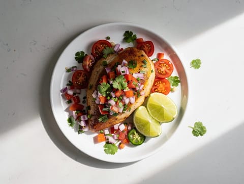 Kurczak smażony na patelni z pico de gallo (salsa z pomidorów, limonki i kolendry) Kurczak smażony na patelni z pico de gallo (salsa z pomidorów, limonki i kolendry)