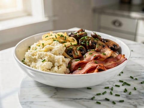 Deconstructed Pierogi Bowl med potet, sopp og bacon