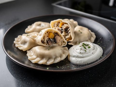 Pierogi z Kapustą i Grzybami (savanyúkáposztás-gombás derelye)