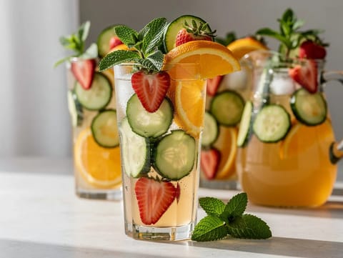Pimm’s Cup (cupă cu fructe de vară) cu limonadă, castravete și mentă