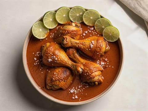 Pipián Rojo con Pollo (meksikansk kylling i rød frø- og chilisaus)
